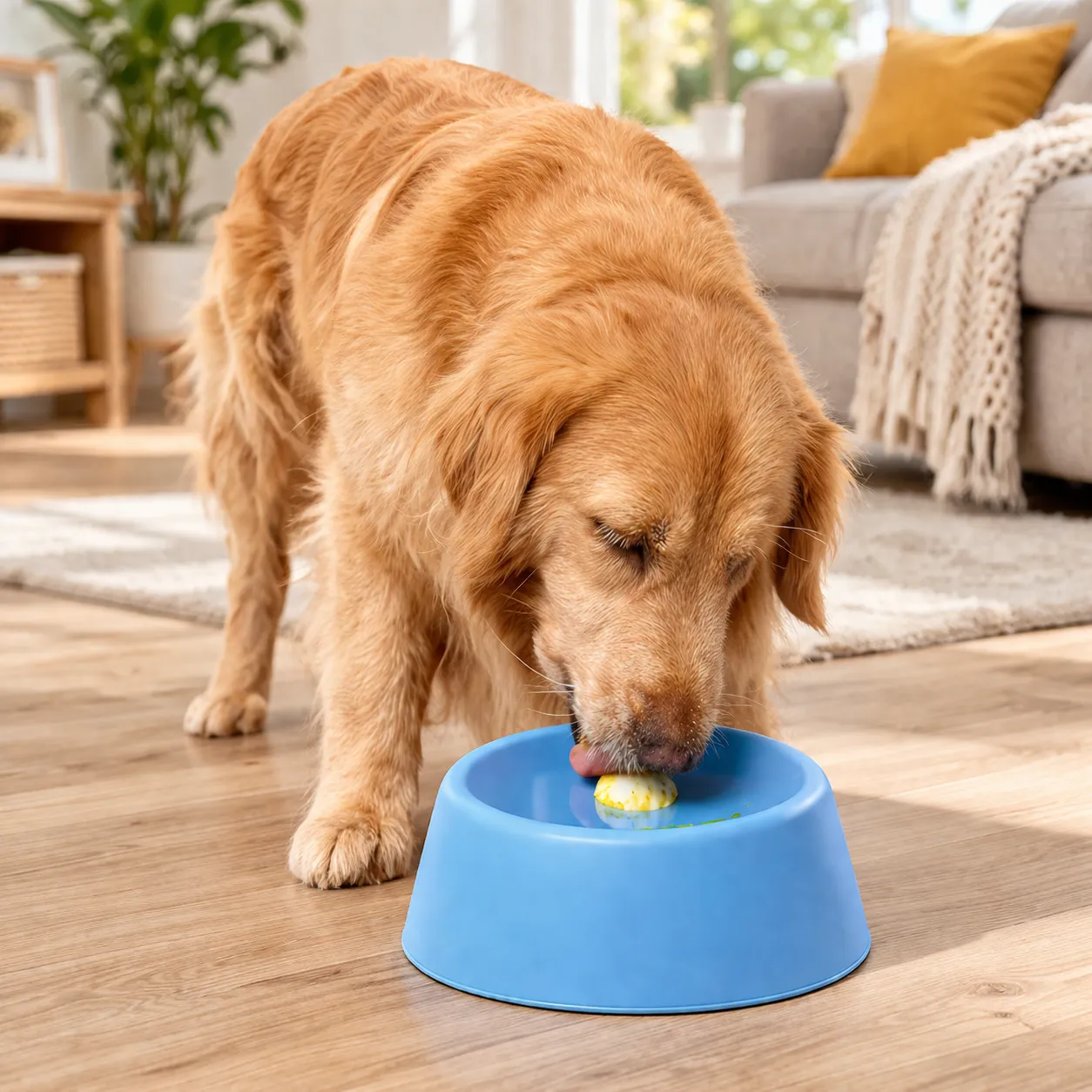dog eating from blue slow feeder bowl in living room, anti gulping pet feeding solution