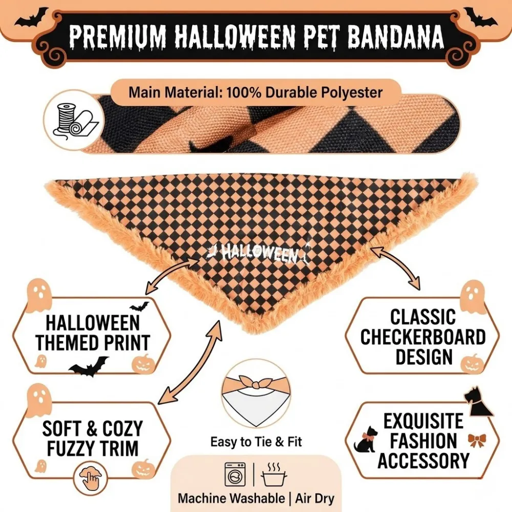 halloween dog bandana features polyester material fuzzy trim checkered design washable