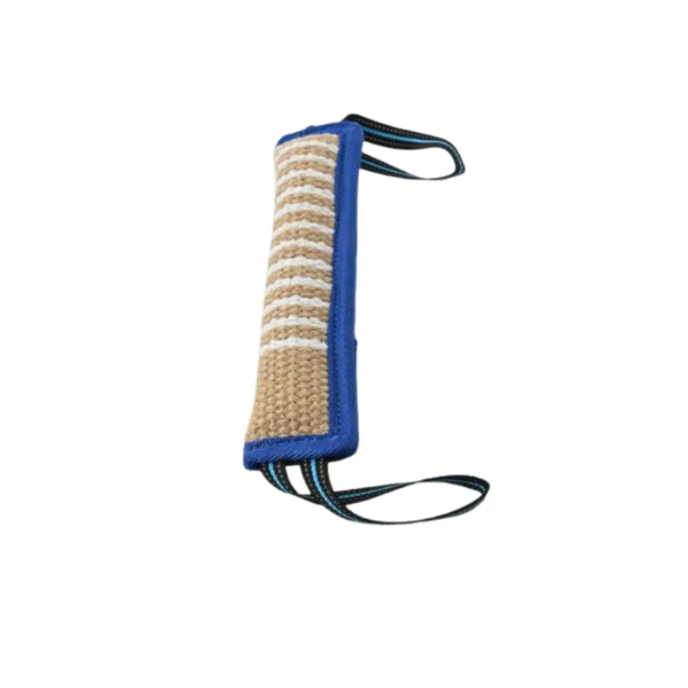 blue durable dog chew toy with jute fiber and handle for tug training