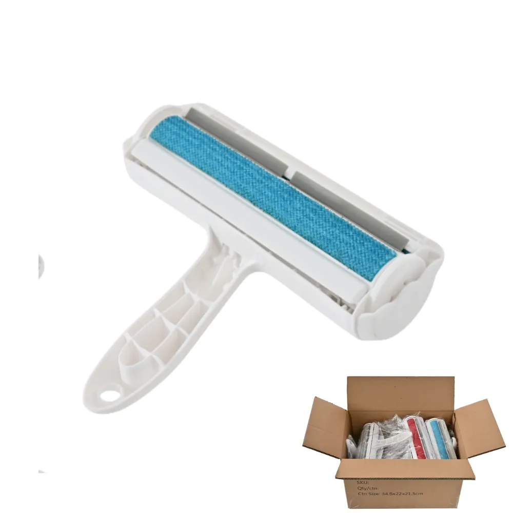 A blue pet hair remover roller shown next to a bulk shipping box filled with product units.