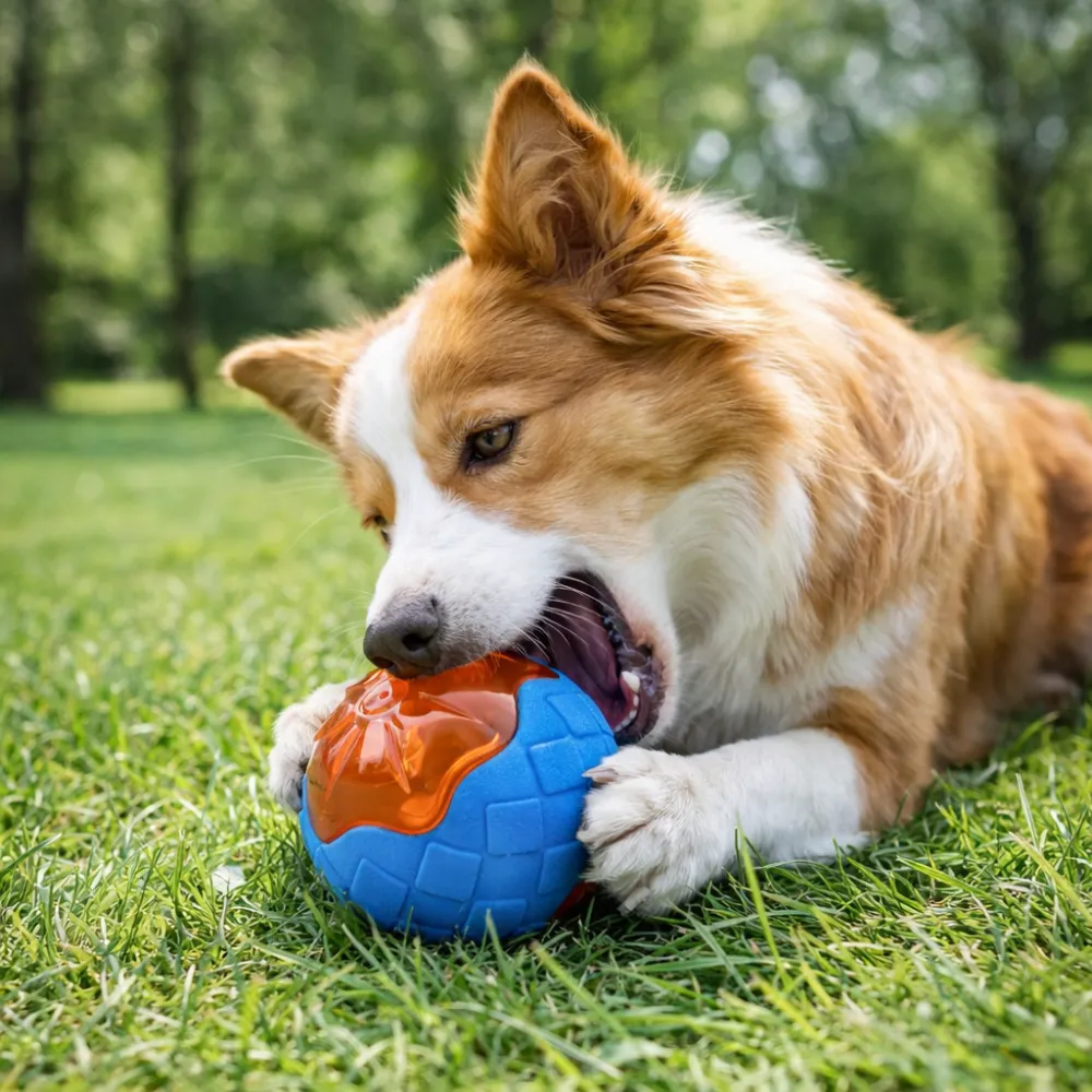 dog playing with chew ball on grass outdoor interactive durable dog toy