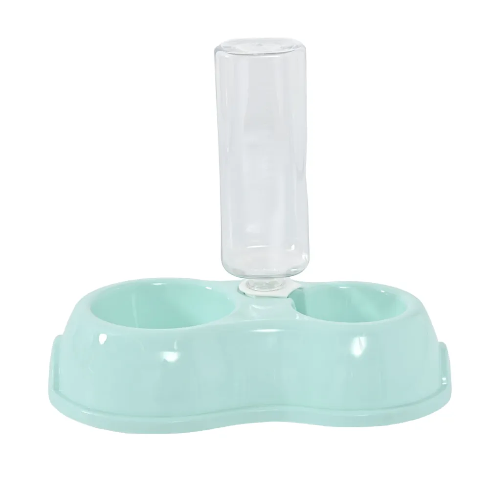 A light mint blue automatic pet waterer and food bowl set with a transparent reservoir.