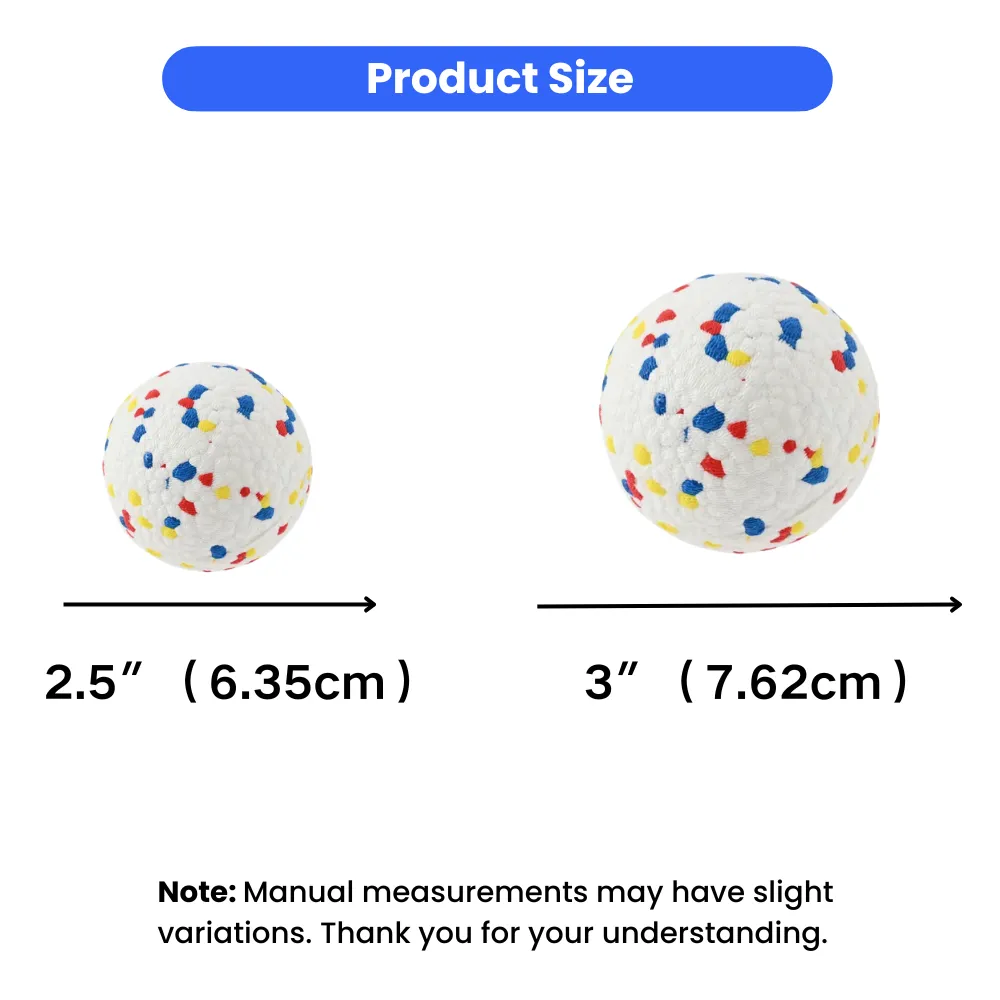 Size comparison chart showing two dog balls: one 2.5 inches (6.35cm) and one 3 inches (7.62cm) in diameter.