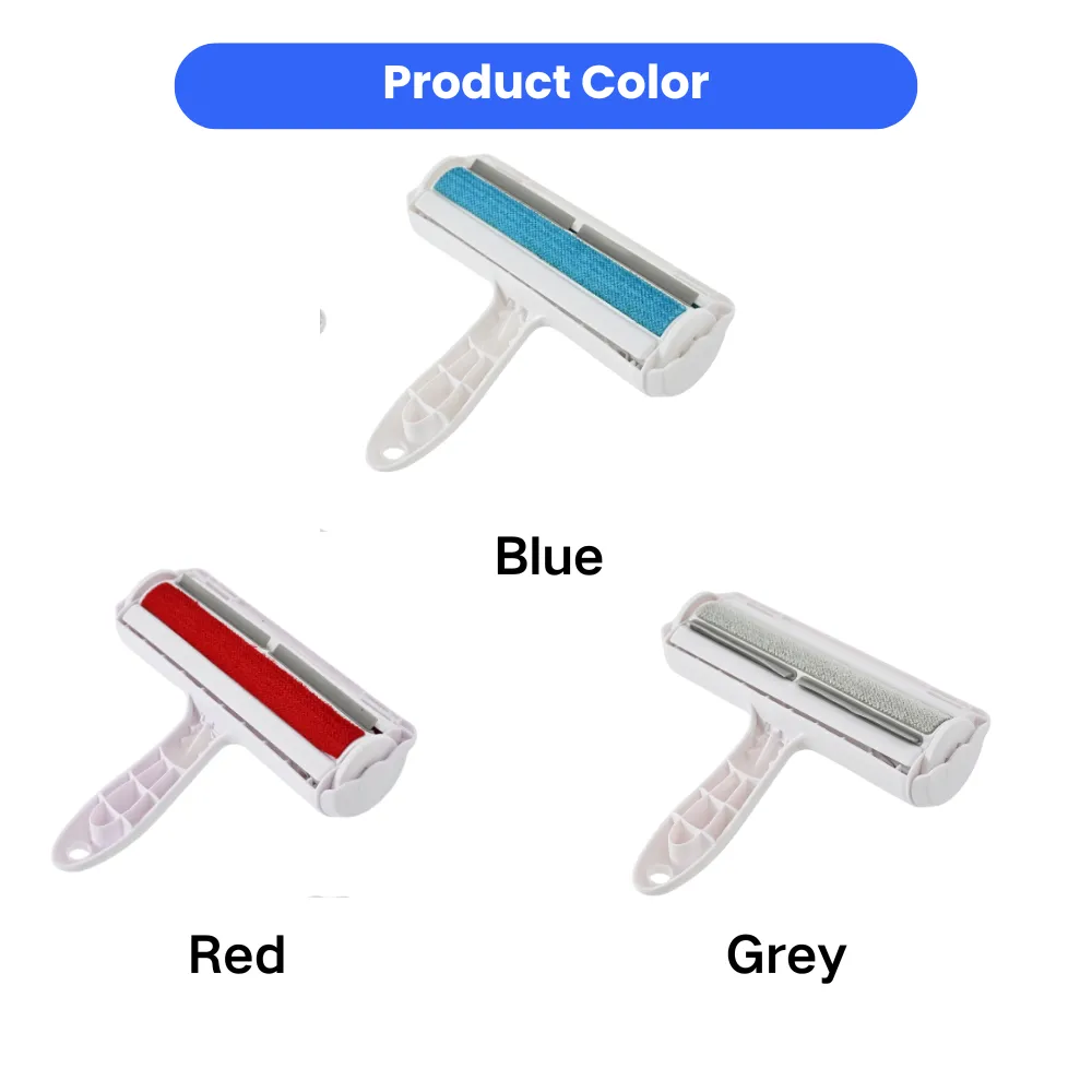 IThree pet hair remover rollers displayed in blue, red, and grey color options.