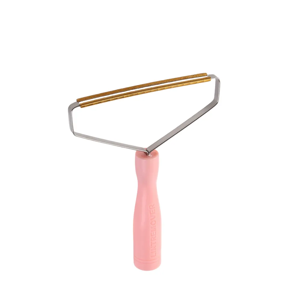 A single pink portable lint remover isolated on white, showcasing the high-quality stainless steel frame.