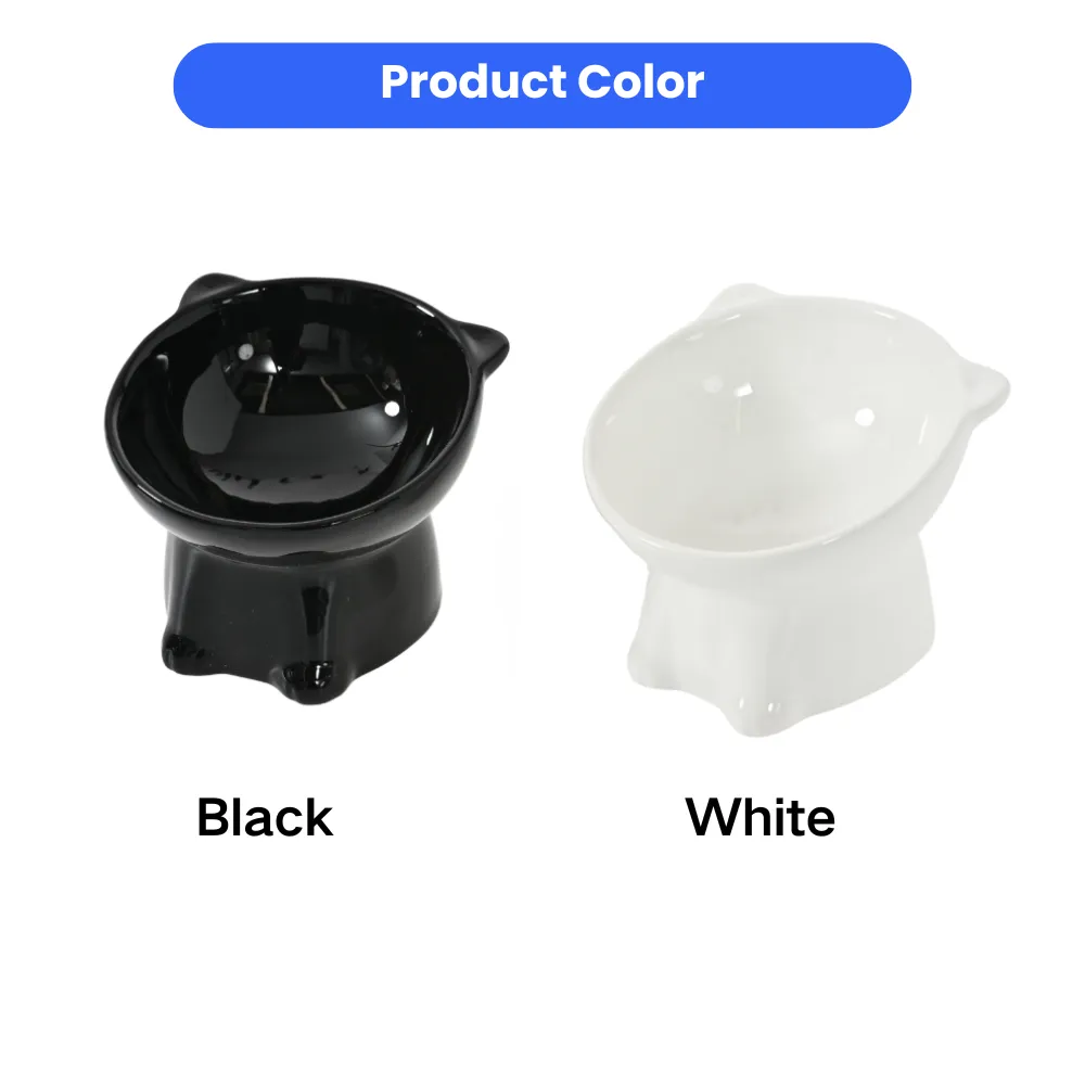 Two cat-shaped ceramic pet bowls in glossy black and white colors for bulk wholesale.