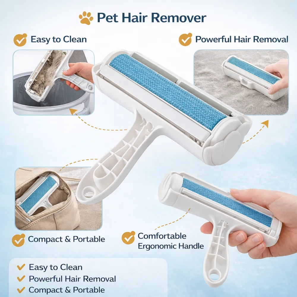Infographic highlighting features: Easy to clean, powerful hair removal, compact and portable, and ergonomic handle.