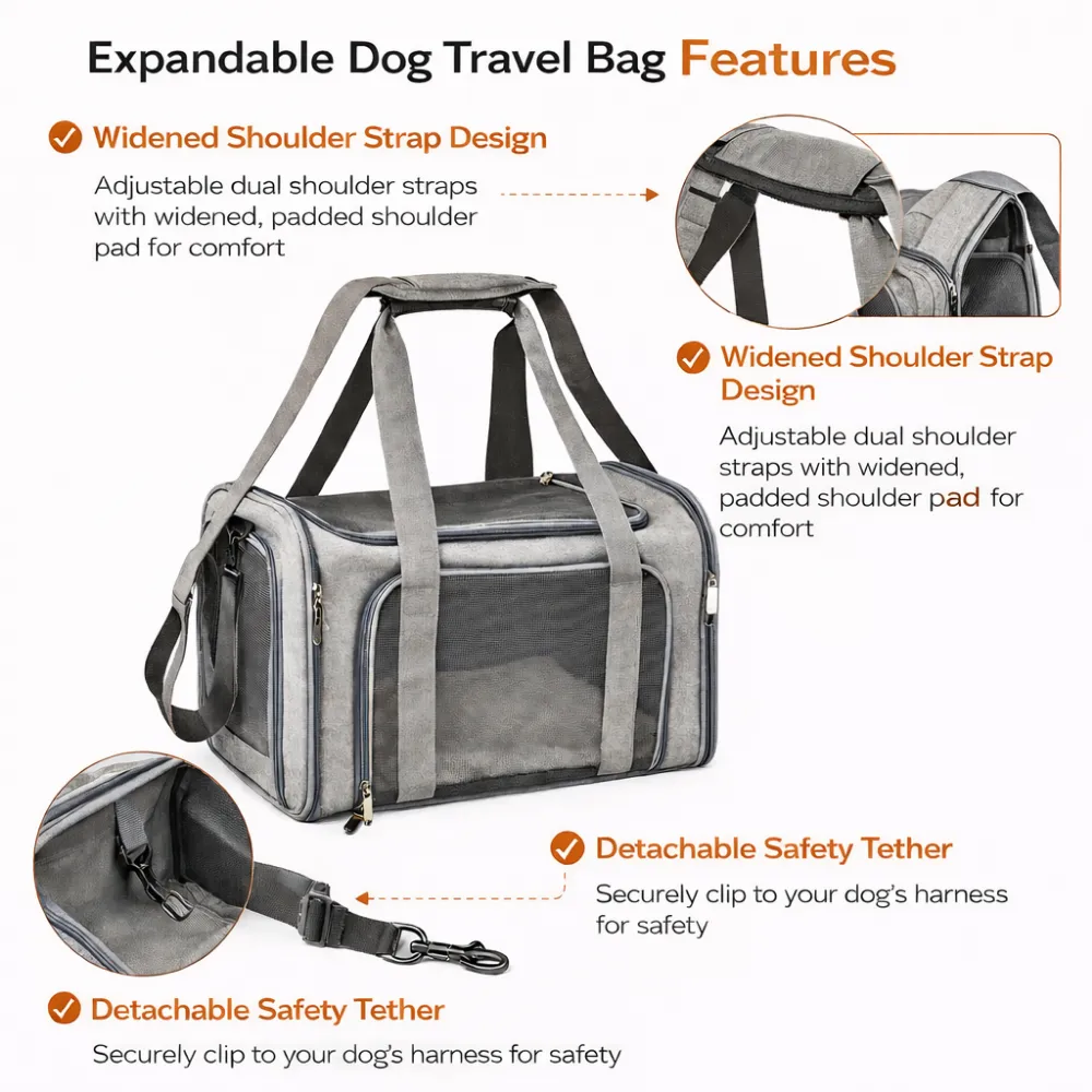 dog carrier adjustable shoulder strap padded design safety tether clip feature
