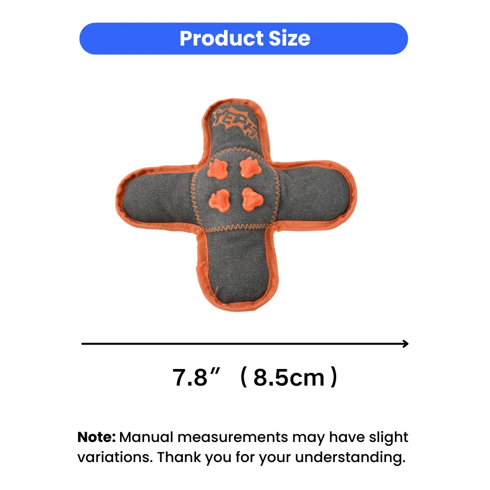 Product size diagram showing the cross-shaped dog toy measures 7.8 inches or 8.5 centimeters in width.
