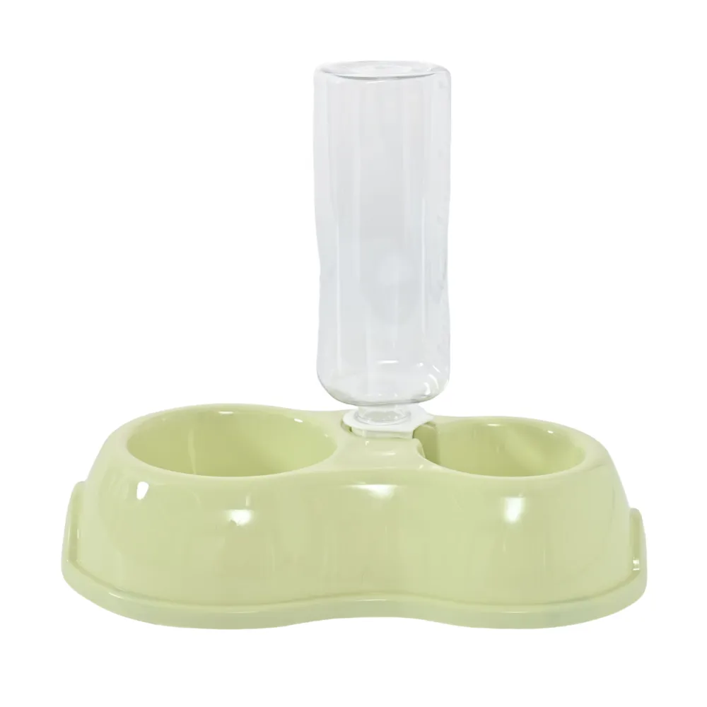 A light green 2-in-1 pet feeding station featuring a dry food bowl and an automatic water dispenser.