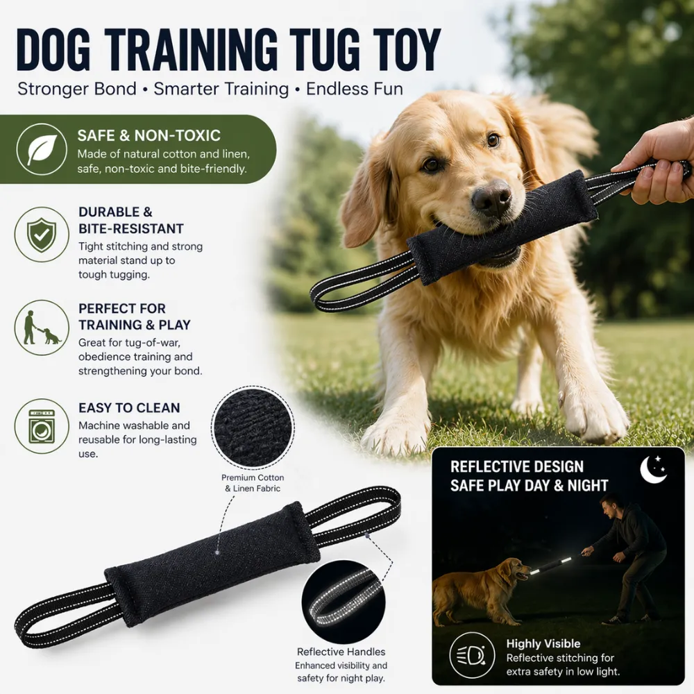 Infographic showing the dog tug toy is safe, non-toxic, durable, easy to clean, and has reflective handles for night play.