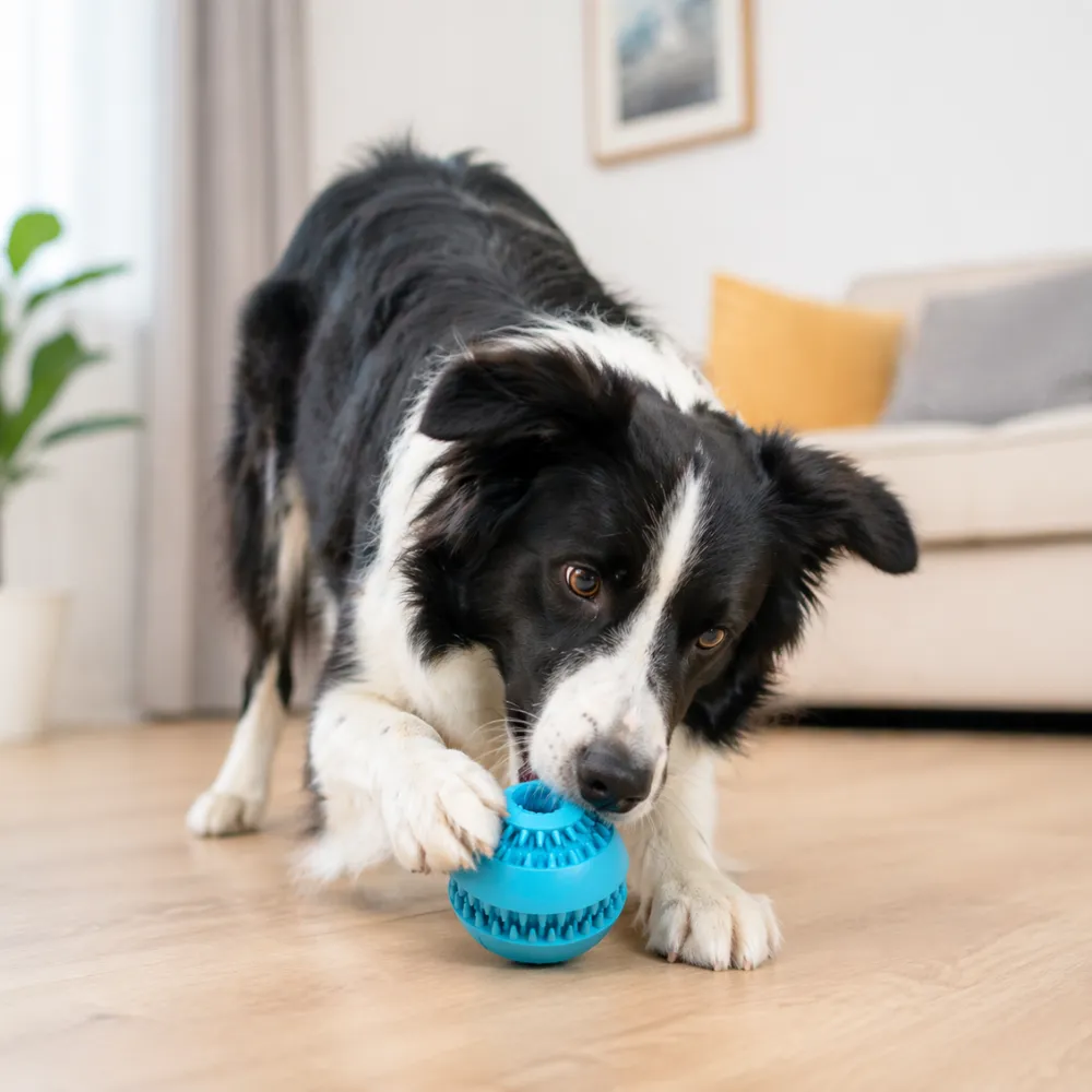 A Border Collie dog playing with a blue treat-dispensing toy on a wooden floor in a living room.