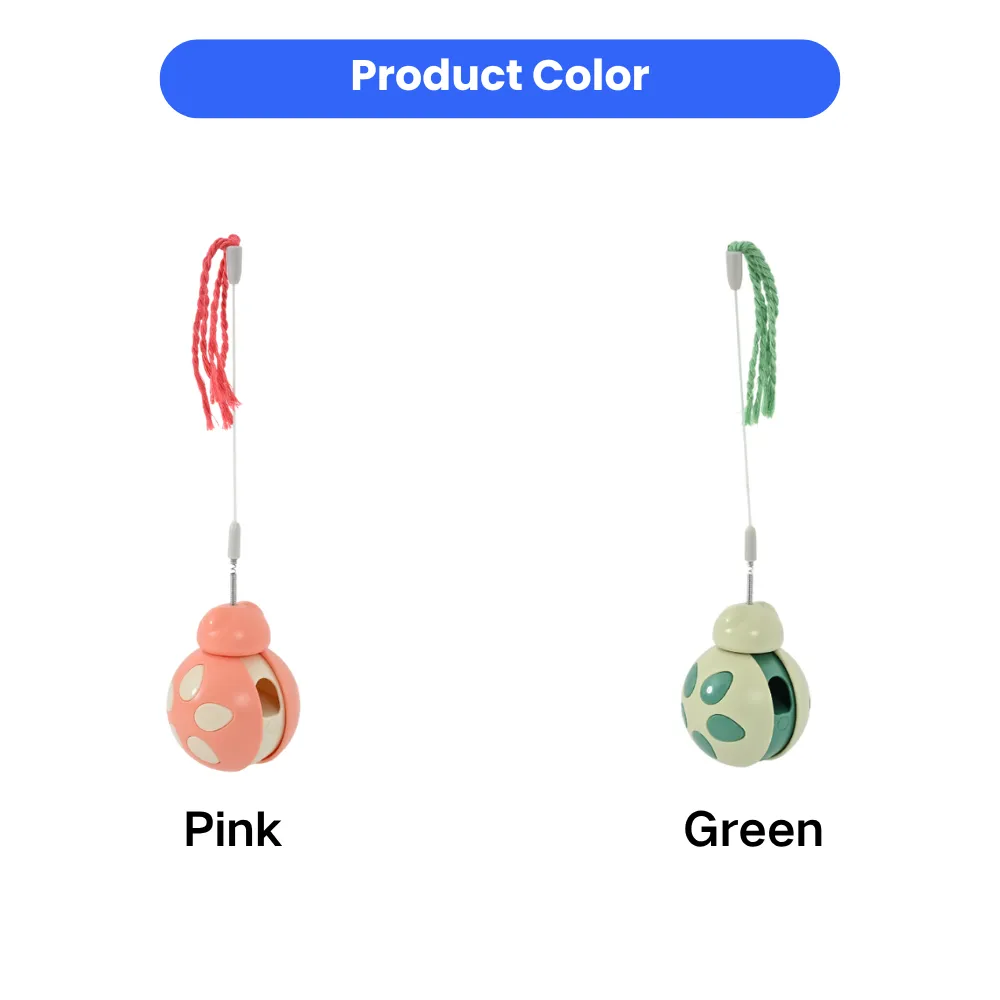 Product showcase showing the 2-in-1 cat teaser and treat dispenser available in two colors: Pink and Green.