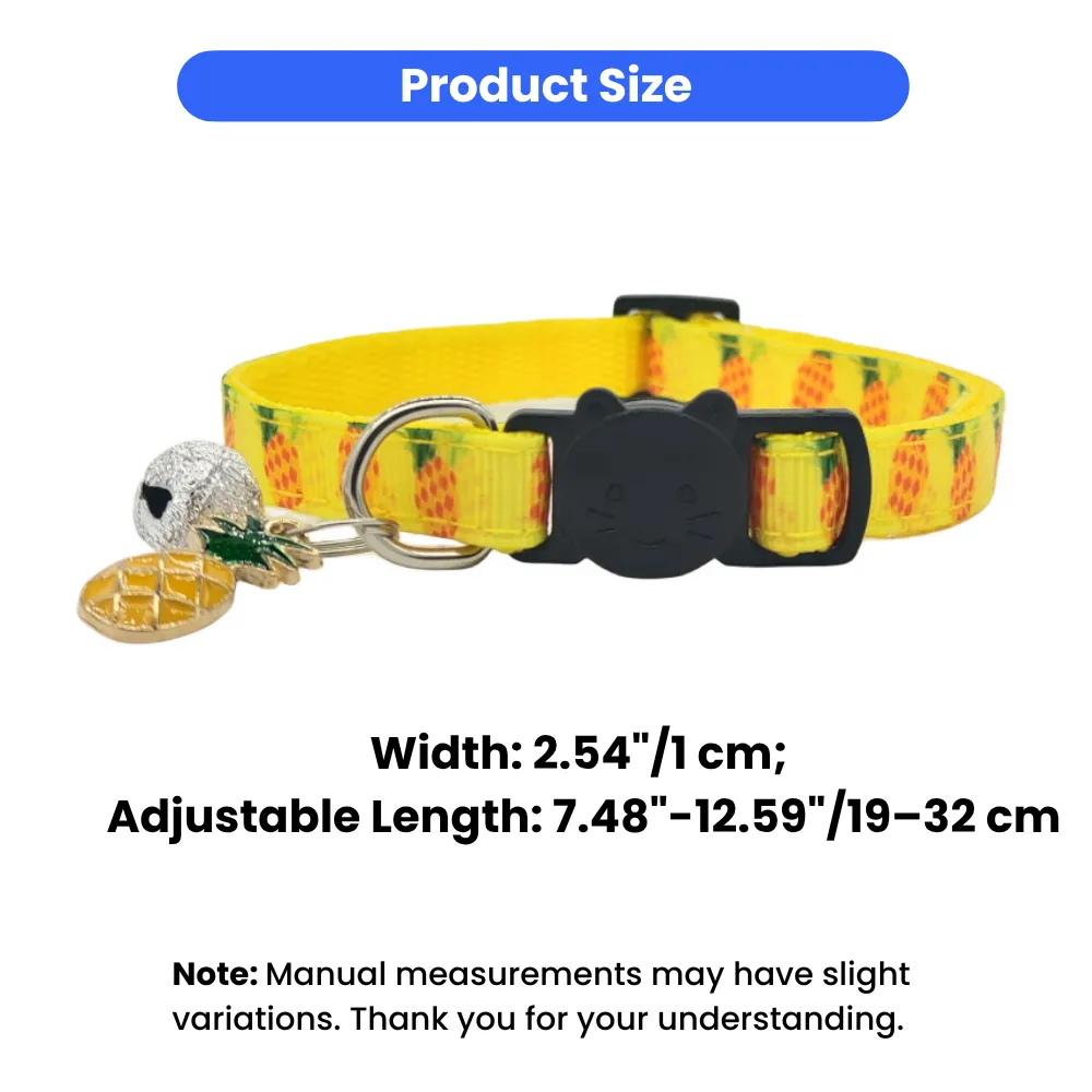 Product dimensions for the cat collar showing a width of 1 cm and an adjustable length ranging from 19 to 32 cm.