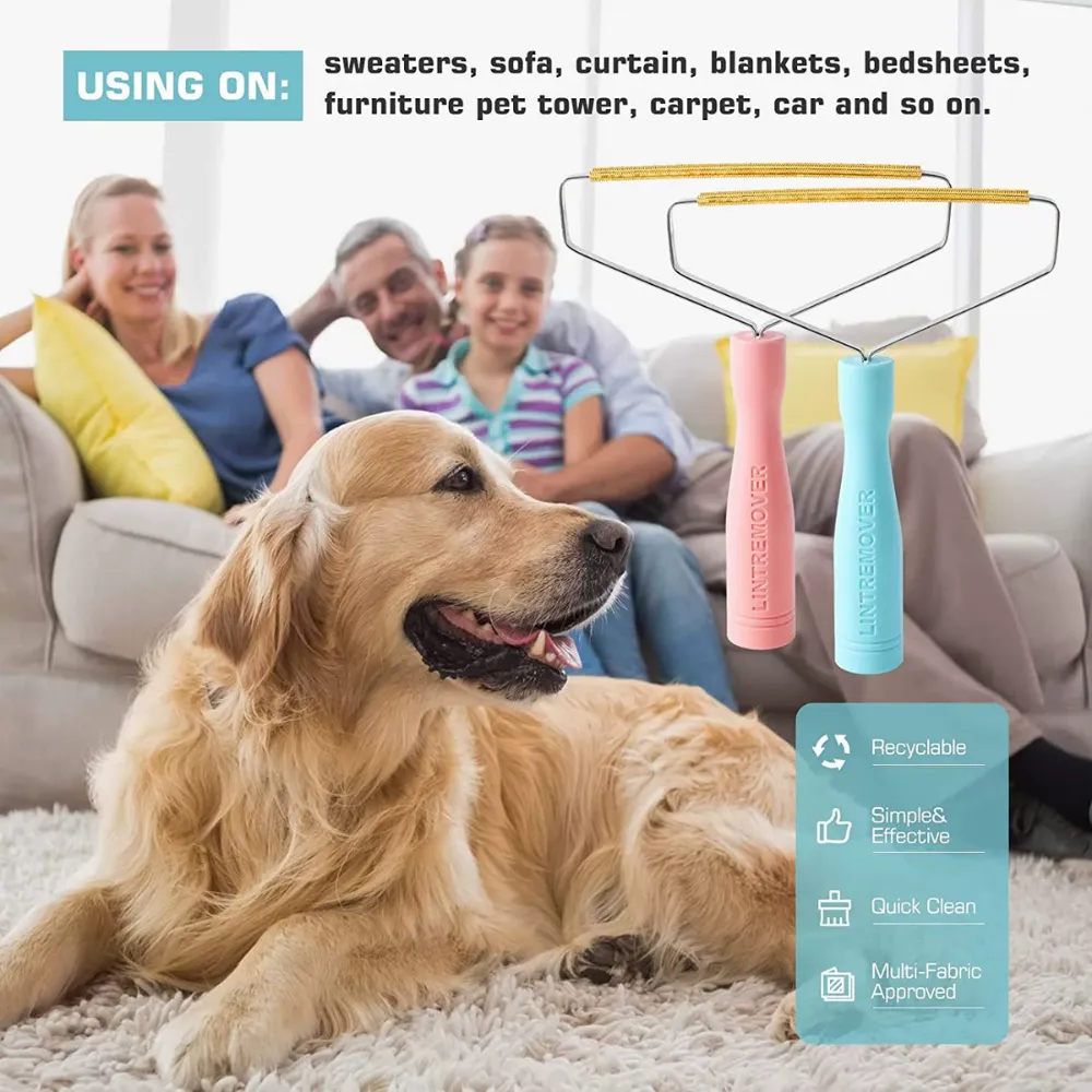 A golden retriever sitting on a carpet near a family, illustrating the tool's use on sofas, curtains, and blankets.