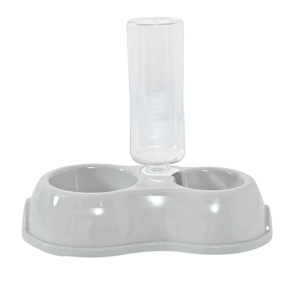A sleek grey double cat bowl with a gravity water bottle, ideal for minimalist home styles.