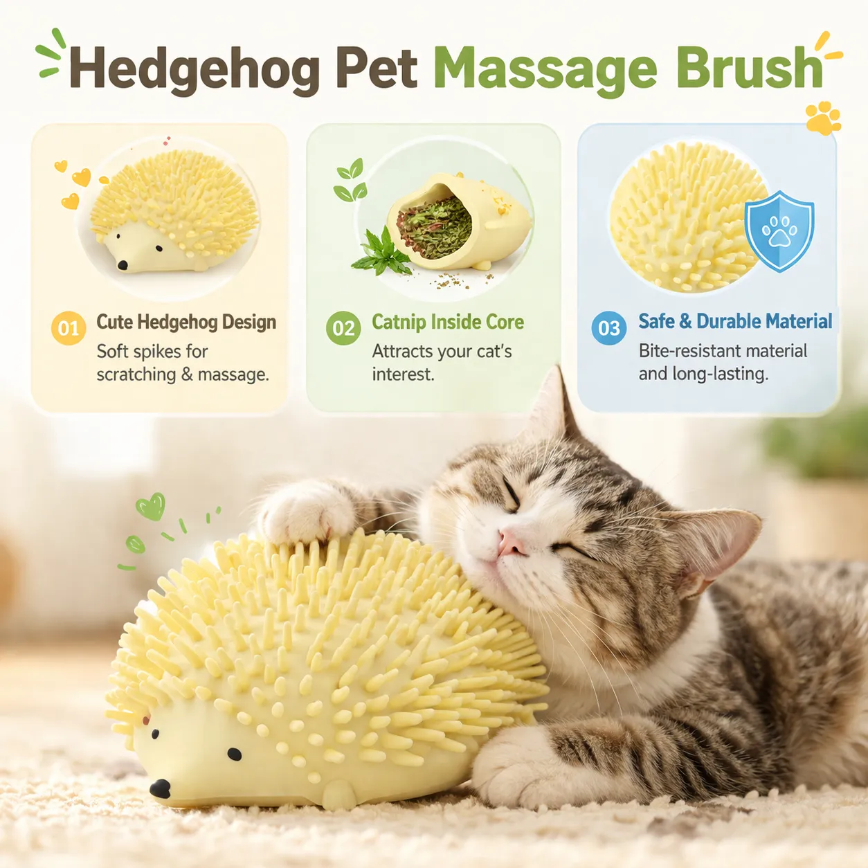 Infographic showing the catnip core, soft spikes, and durable material of the hedgehog cat toy.