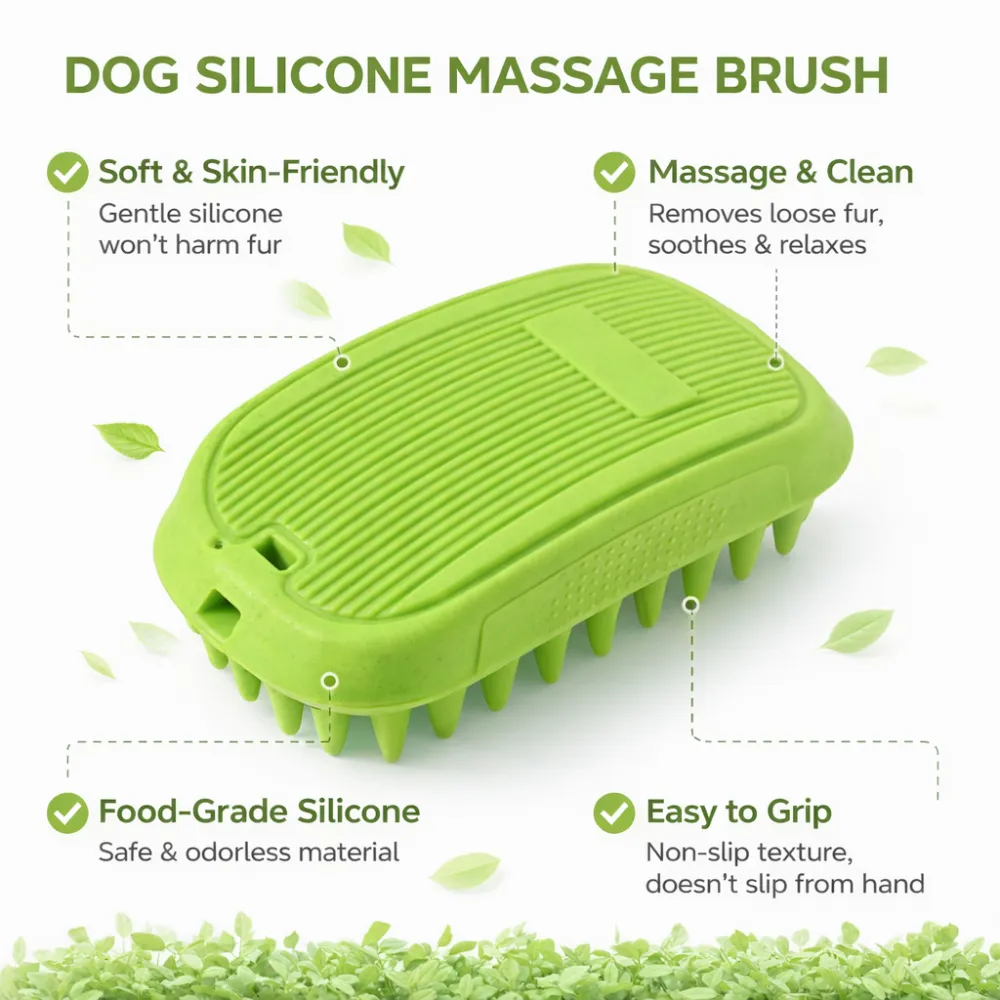 Infographic showing features: soft and skin-friendly, food-grade silicone, massage and clean, and easy to grip.