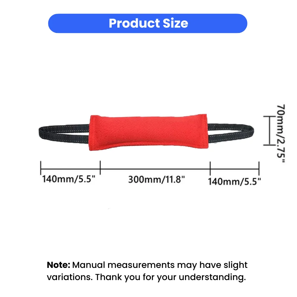 Detailed size chart for the dog tug toy showing a 300mm body length and two 140mm reflective handles.