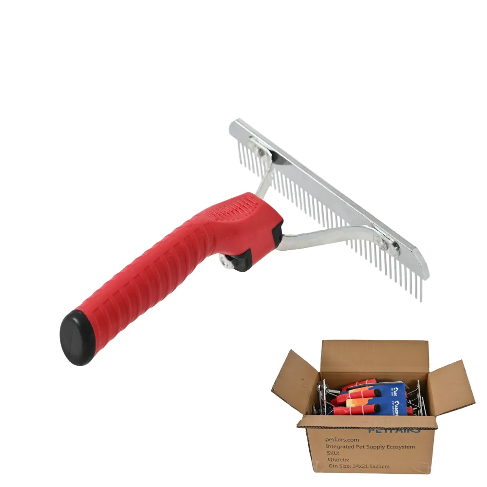 The red pet grooming rake shown next to a cardboard shipping box filled with individual units.