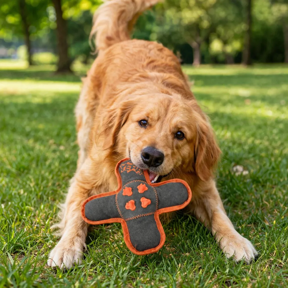 A Golden Retriever outdoors on green grass holding the orange and grey squeaky dog toy in its mouth, ready to play.