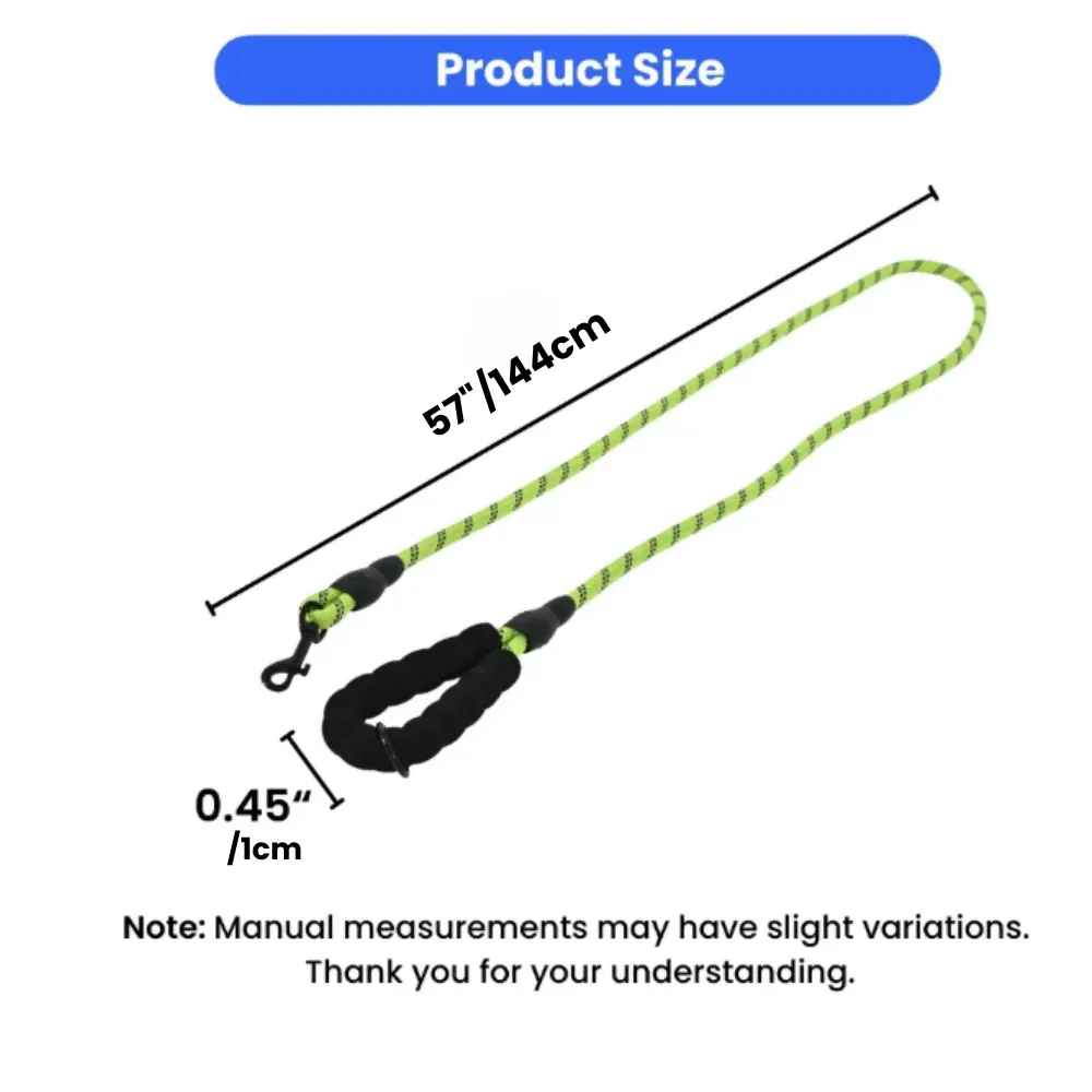 Green reflective dog leash showing 57 inch (144cm) length and 0.45 inch (1cm) diameter.