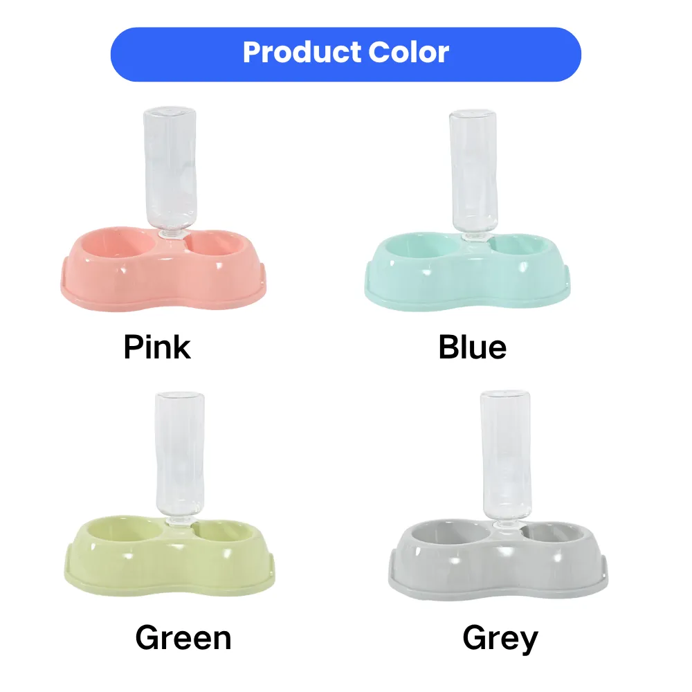 A product color chart showing the cat feeding bowl in four colors: Pink, Blue, Green, and Grey.