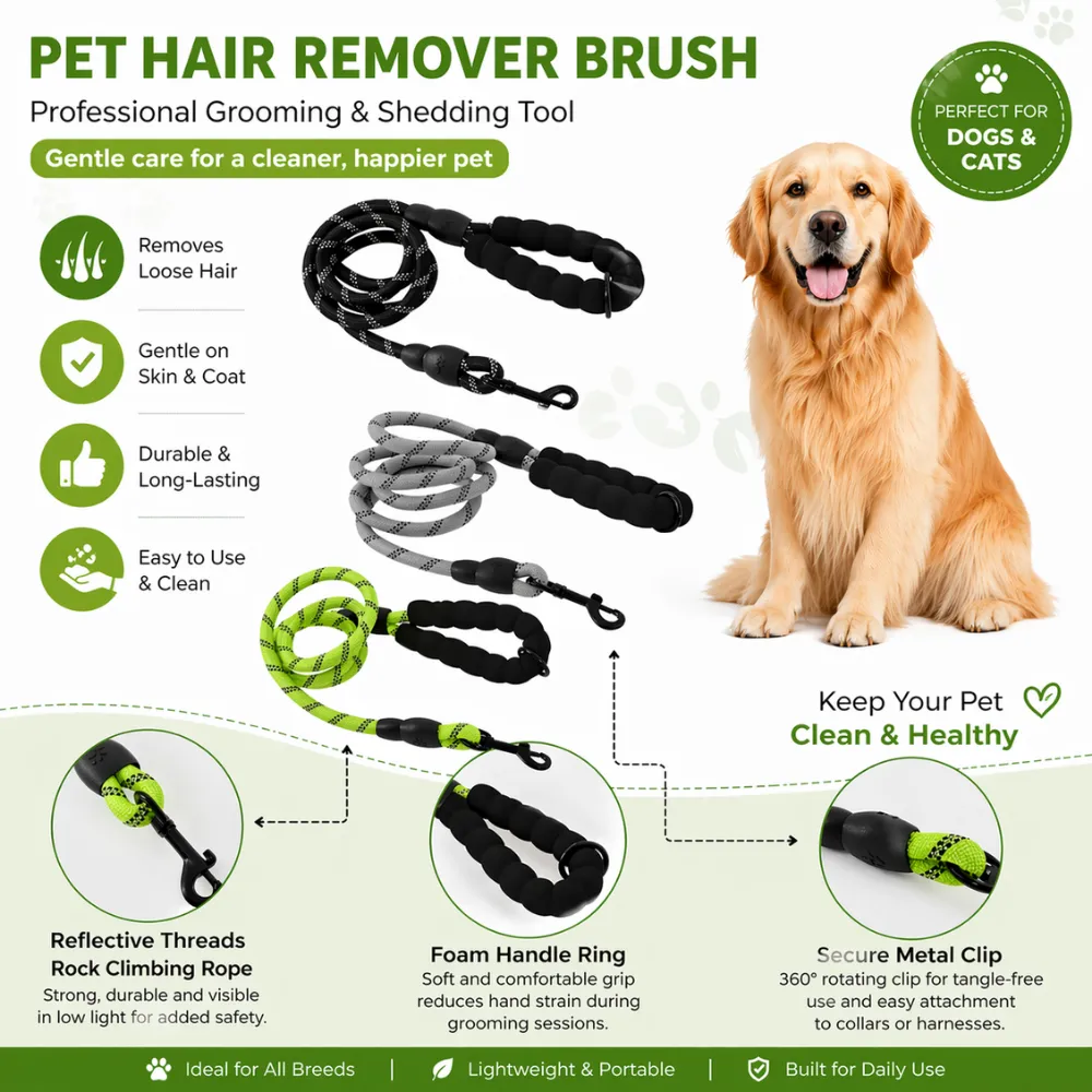 Infographic showing leash features: reflective threads, foam handle, and secure metal clip.