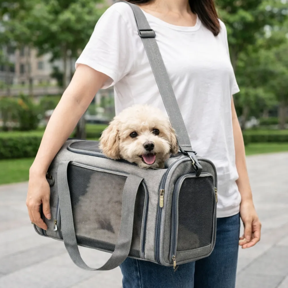 woman carrying dog in pet carrier bag outdoor portable dog travel bag