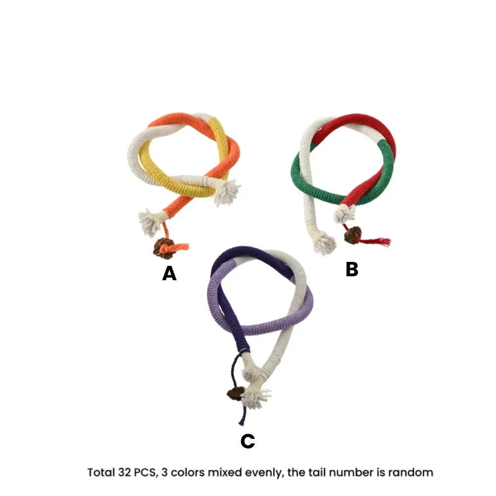 32-Piece-Bulk-Cat-Rope-Toys-Mixed-Colors Product infographic showing three color styles of rope toys with text stating a total of 32 pieces mixed evenly.