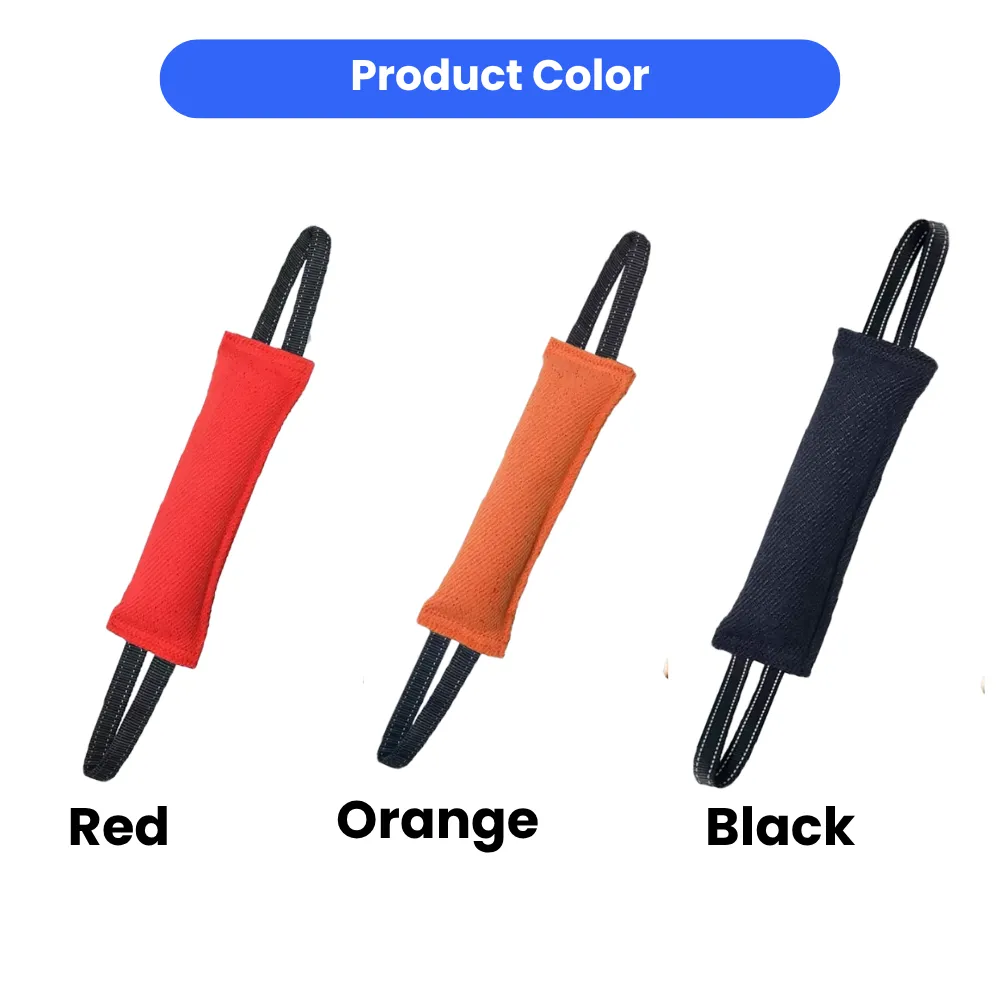 A display of three durable dog training tug toys in Red, Orange, and Black colors with reflective handles.