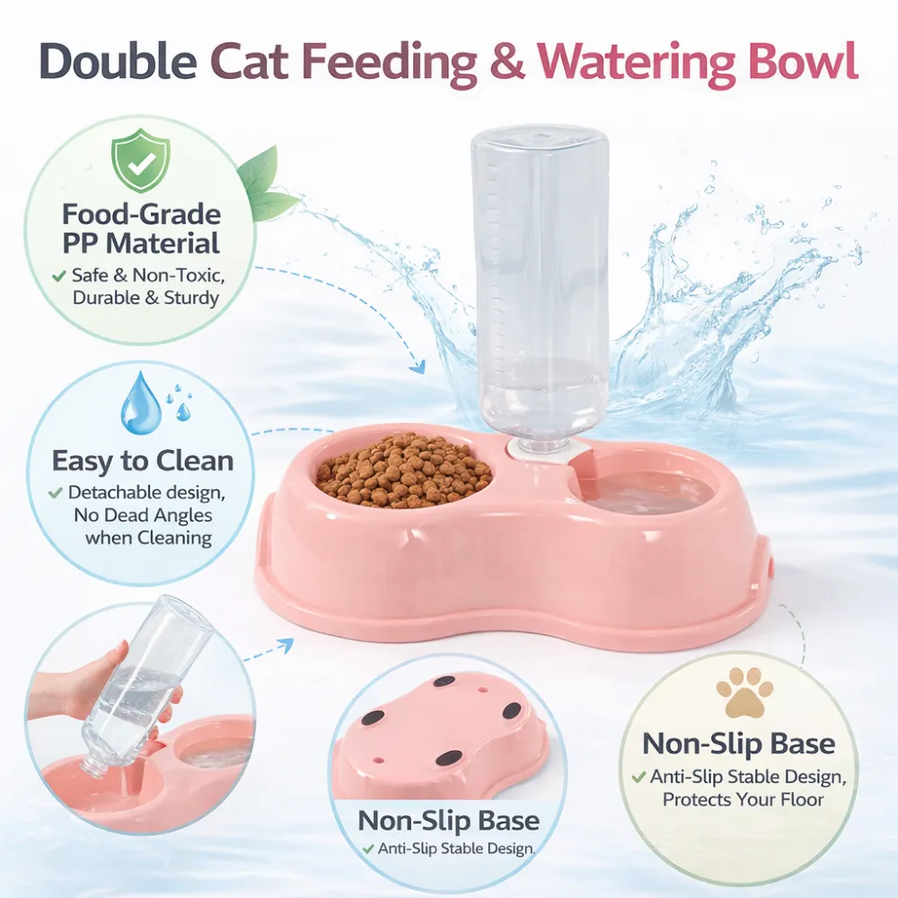 Infographic highlighting features: food-grade PP material, easy to clean detachable design, and non-slip base.