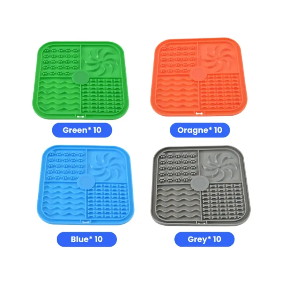 Multi-Color Licking Mats for Dogs 4 different colors of square silicone dog licking mats with 4 unique texturized zones, set on a white background, each with a blue label titled "Color10". (e.g., Green10)