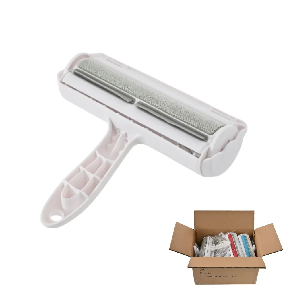 A grey pet hair remover roller alongside an open carton box showing bulk inventory.