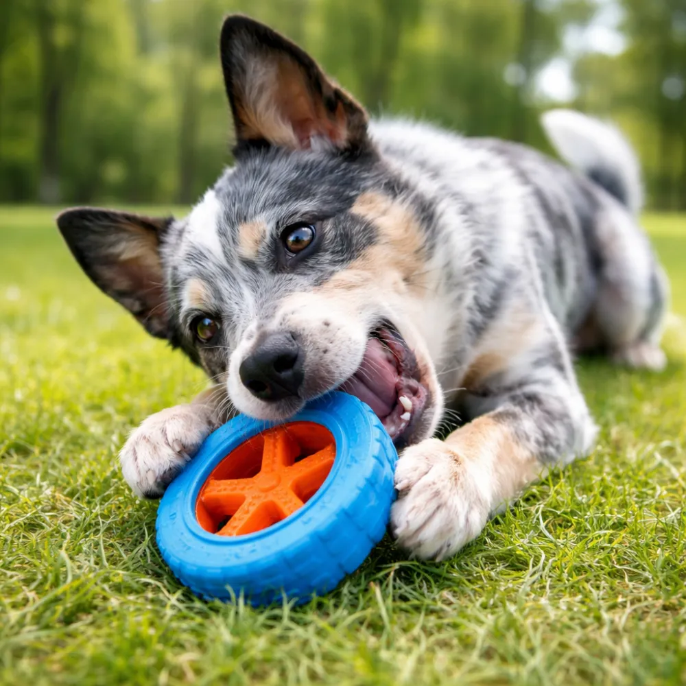 dog playing with tire chew toy outdoor durable rubber dog toy for chewing