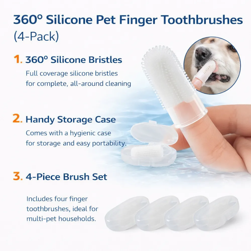 360 degree silicone pet finger toothbrush 4 pack dog dental cleaning kit with storage case