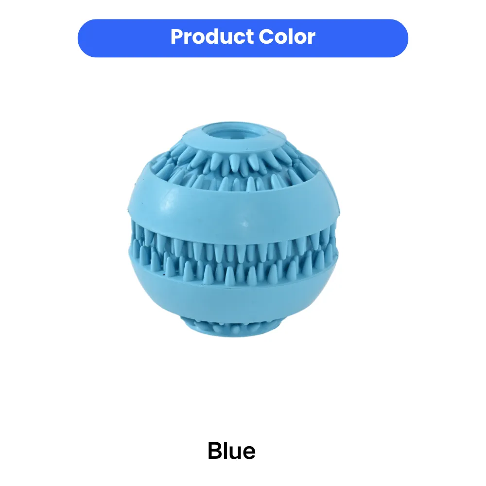A close-up studio shot of a bright blue multifunctional dog chew ball with dental cleaning ridges.