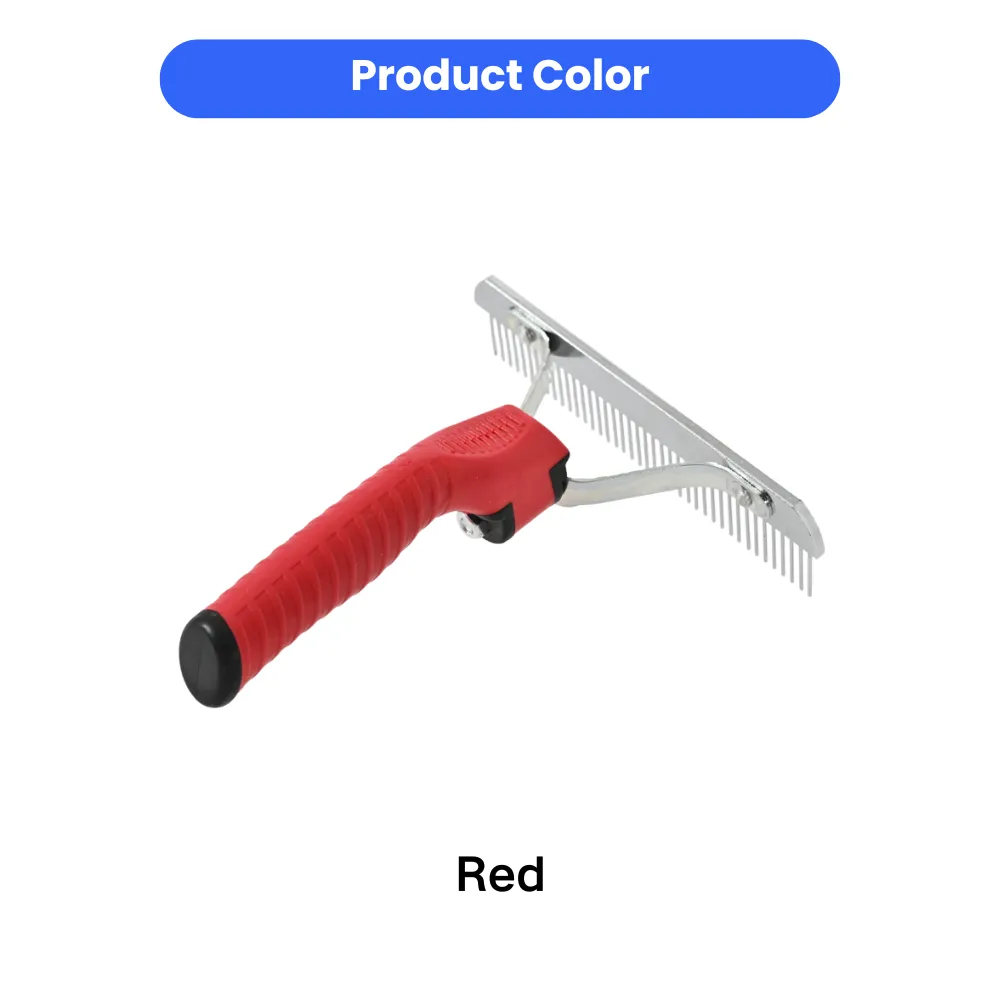A studio shot of a pet grooming rake with a bright red textured handle and stainless steel teeth.