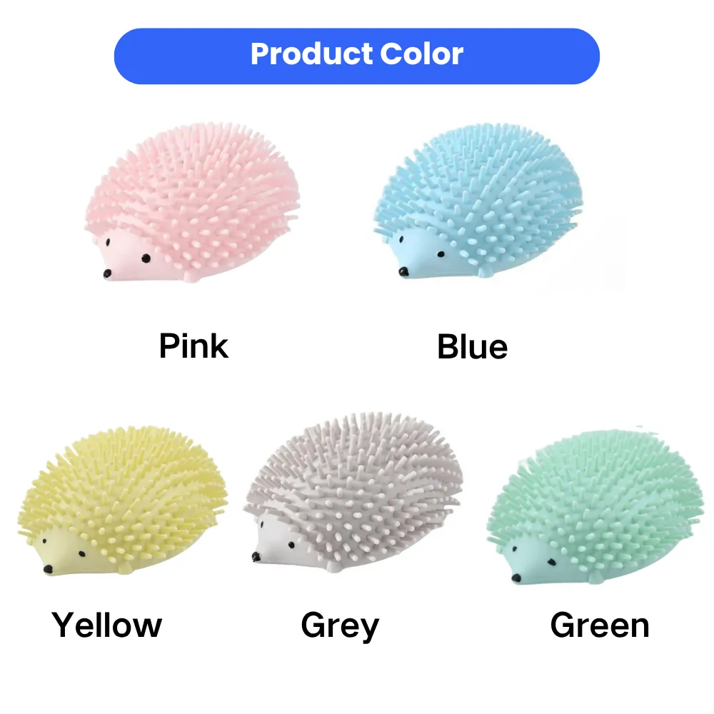 Five different colors of the hedgehog cat massage brush: Pink, Blue, Yellow, Grey, and Green.