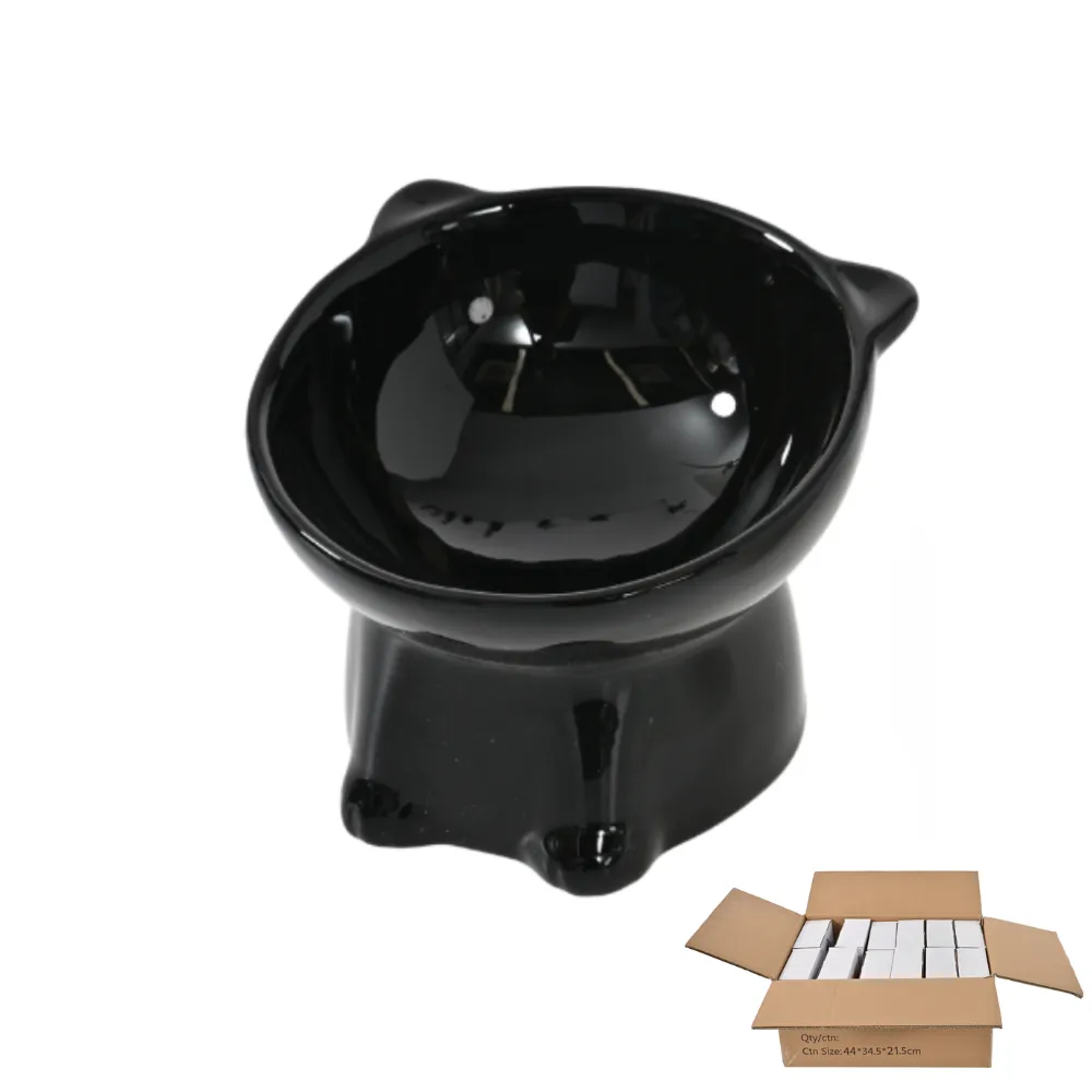 A black tilted pet bowl shown next to a bulk shipping carton containing multiple boxed units.