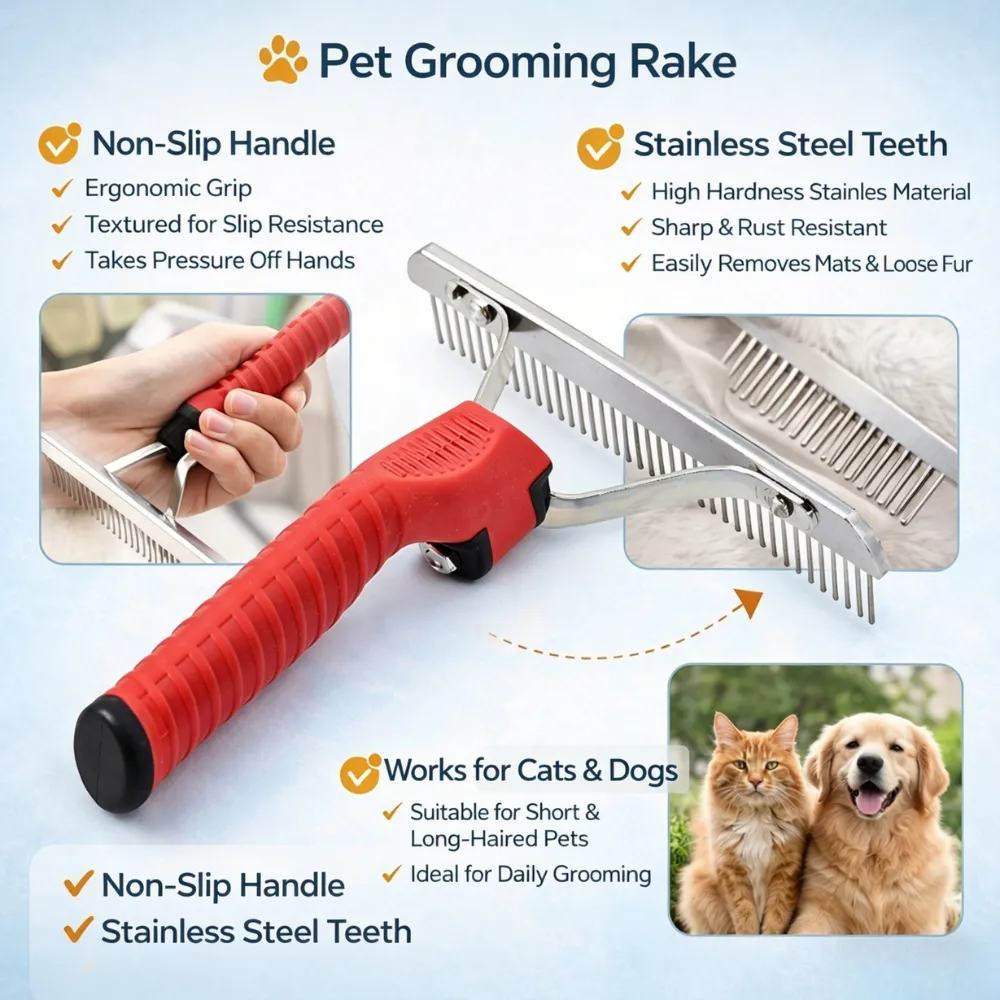 A feature chart highlighting the non-slip handle, stainless steel teeth, and suitability for both cats and dogs.