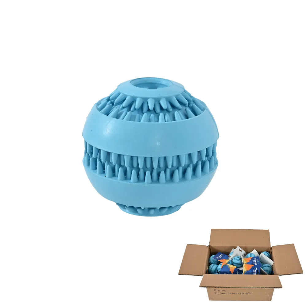 A blue dog chew ball next to a cardboard shipping box filled with individually packaged pet toys.
