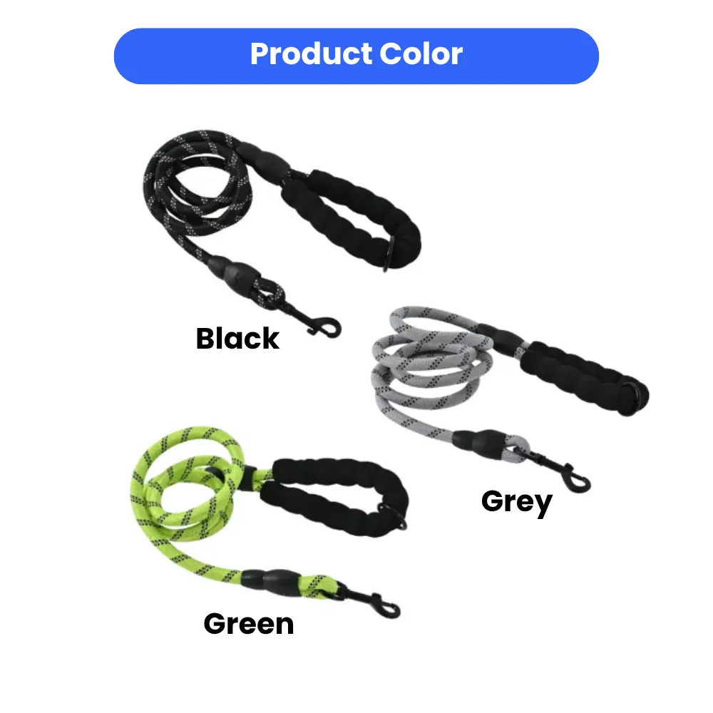 Heavy-duty dog leashes in Black, Grey, and Green with padded foam handles.