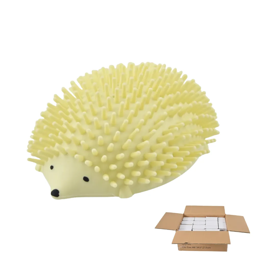 Yellow hedgehog catnip toy for cats with a wholesale distribution box.