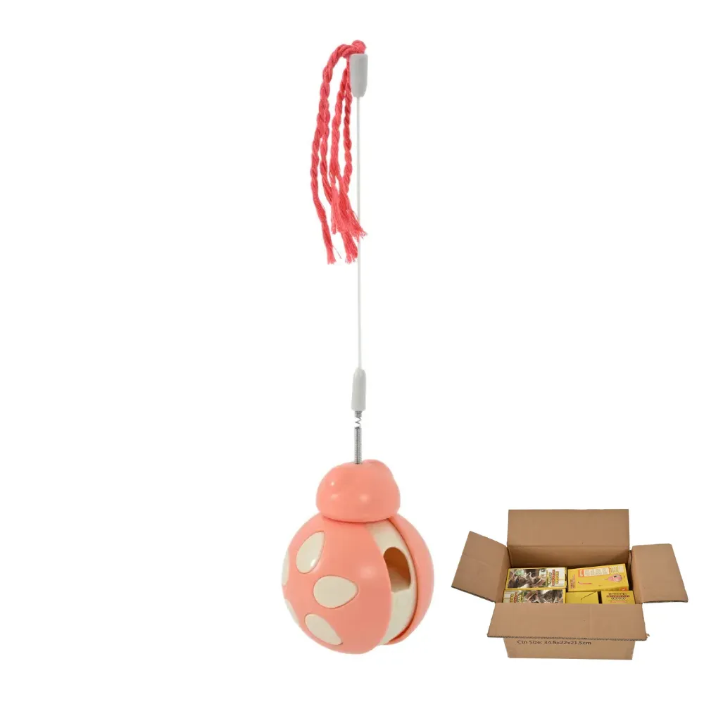 A pink interactive cat teaser toy with a matching pink tassel shown next to a bulk shipping box.