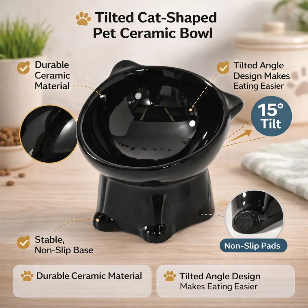 Infographic highlighting durable ceramic material, 15-degree tilt, and stable non-slip base with pads.