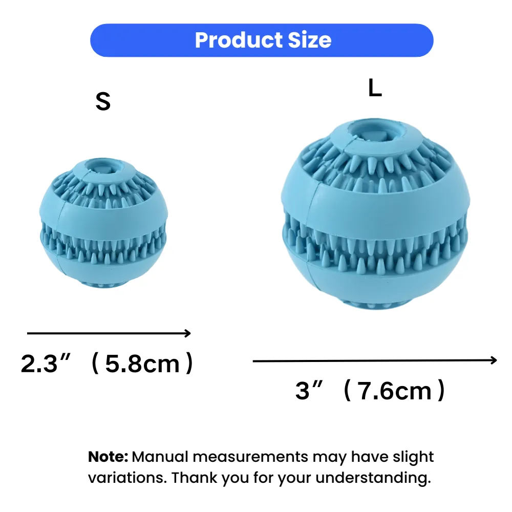 Size comparison chart showing Small (2.3 inches) and Large (3 inches) blue dog chew balls.