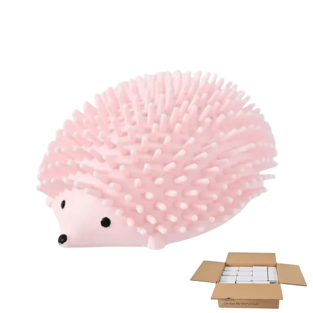 Pink silicone hedgehog cat toy shown next to its bulk shipping box.