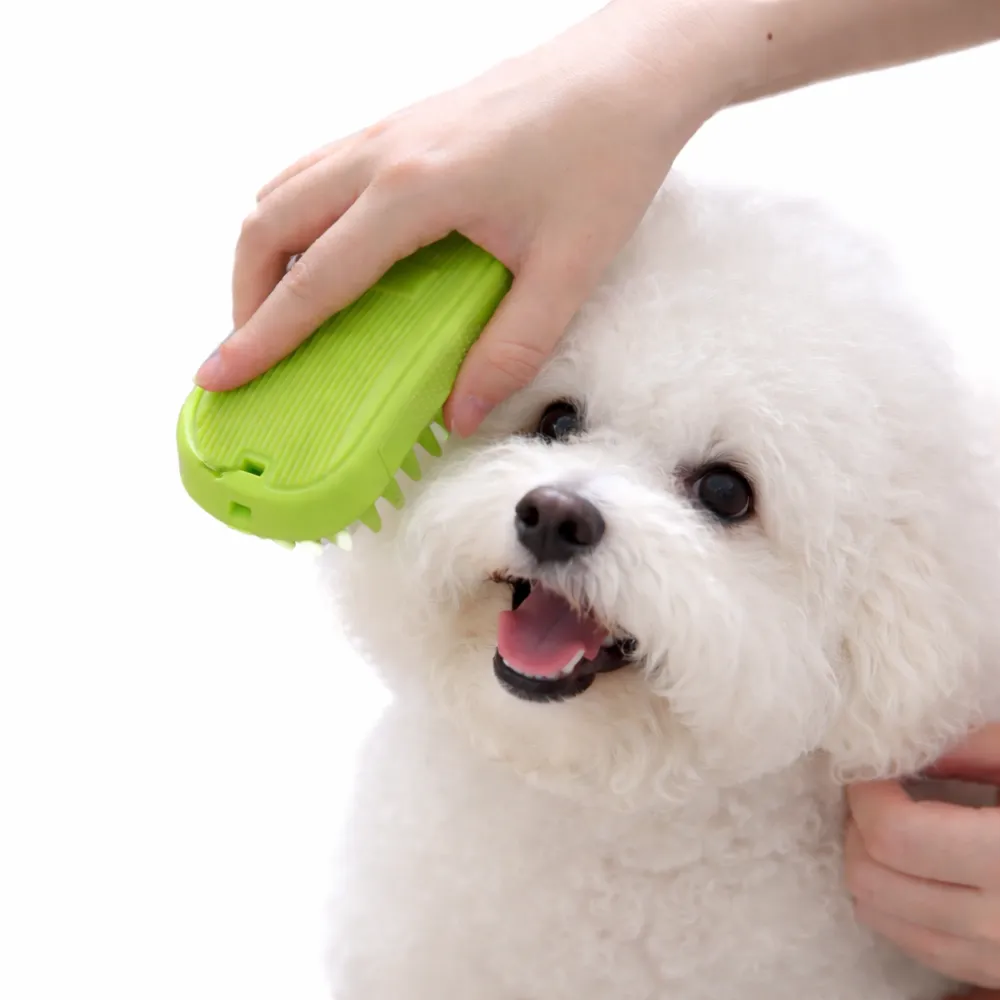 A person using a green silicone massage brush to groom a fluffy white Bichon Frise dog.