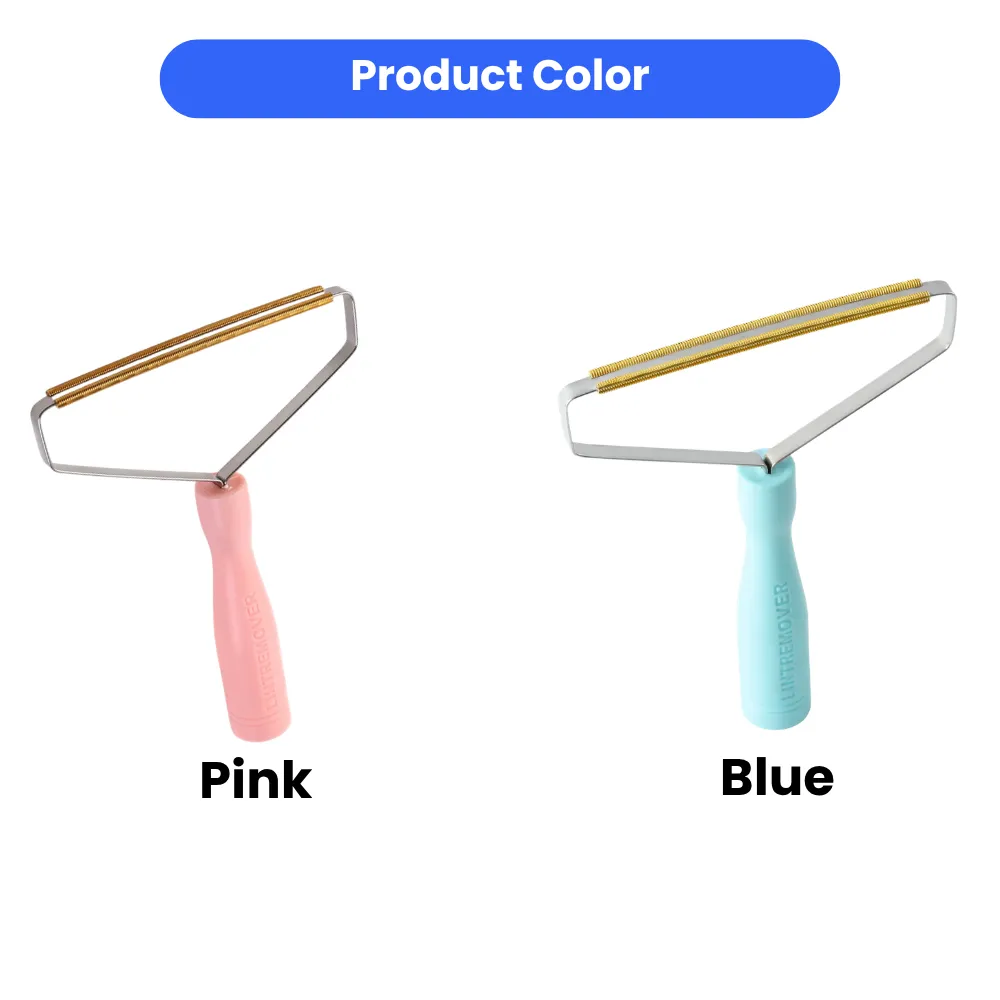 Two portable manual lint removers shown in pastel pink and light blue colors with copper heads.